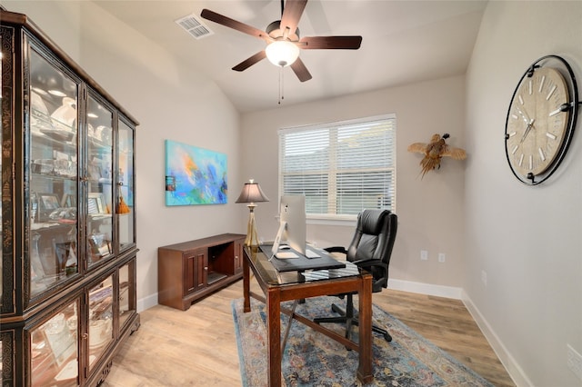 262 Singing Sumac Way, San Marcos, TX 78666 - office area with light wood-style flooring, a ceiling fan, and lofted ceiling