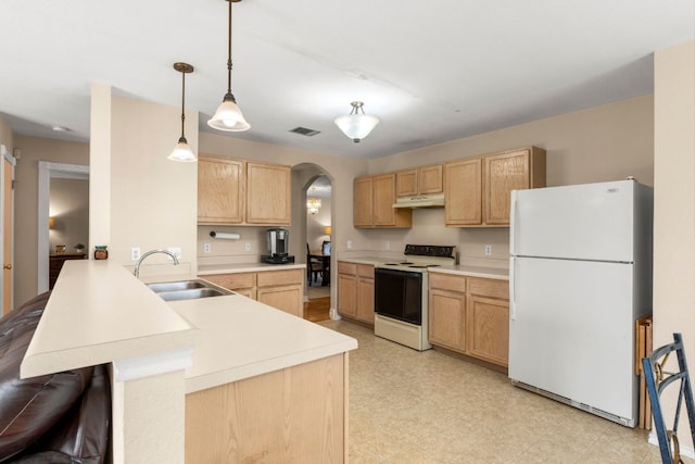141 Sydneys Way, Buda, TX 78610 - kitchen featuring white appliances, a peninsula, under cabinet range hood, arched walkways, and light brown cabinets