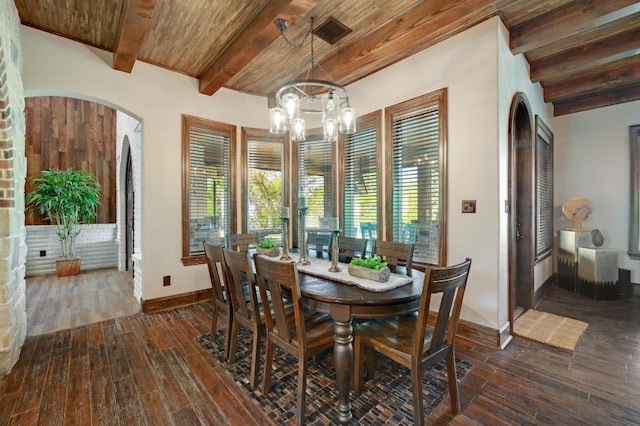 dining space with wooden ceiling, dark wood-style floors, and beam ceiling