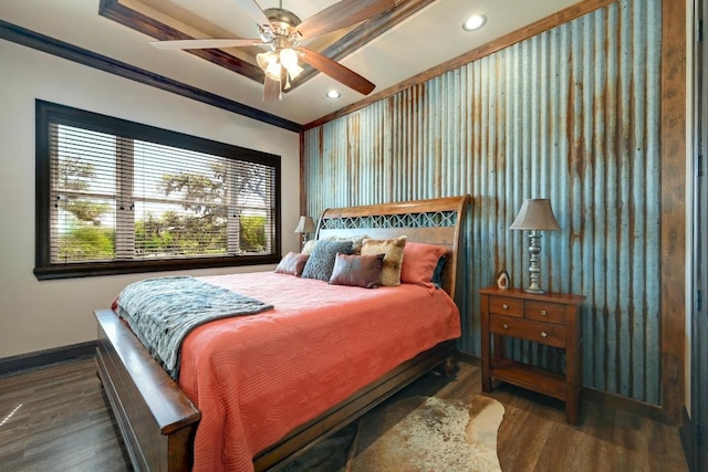 bedroom with baseboards, ornamental molding, recessed lighting, ceiling fan, and wood finished floors