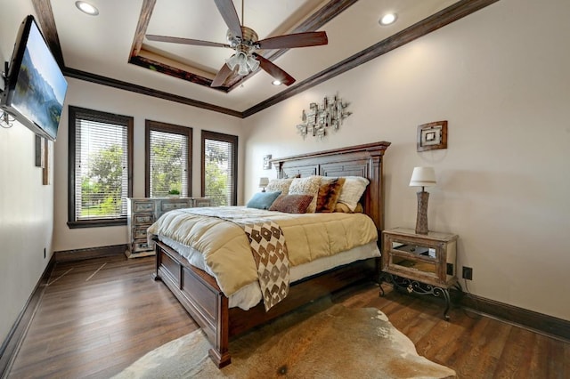 bedroom featuring a ceiling fan, ornamental molding, recessed lighting, wood finished floors, and baseboards