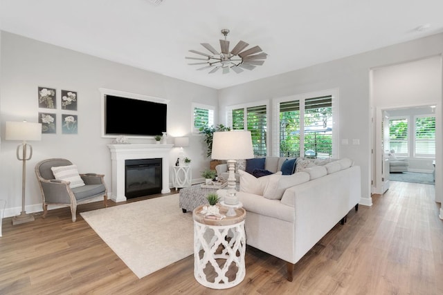 121 Monterey Oak Trl, Georgetown, TX 78628 - living room with a fireplace with flush hearth, light wood-style flooring, and baseboards