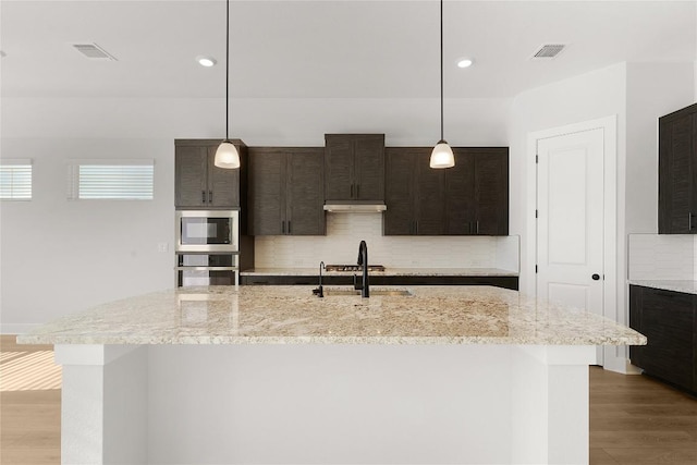 508 Raleigh Dr, Georgetown, TX 78633 - kitchen featuring stainless steel appliances, decorative backsplash, wood finished floors, under cabinet range hood, and an island with sink