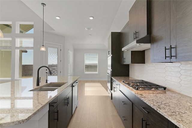 508 Raleigh Dr, Georgetown, TX 78633 - kitchen with stainless steel appliances, under cabinet range hood, light wood-type flooring, tasteful backsplash, and decorative light fixtures
