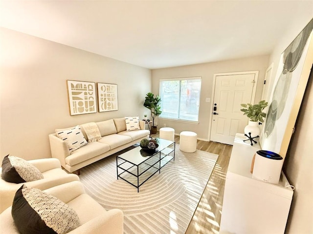 living area with baseboards and wood finished floors
