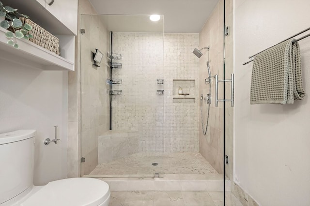 full bathroom with recessed lighting, toilet, and a stall shower