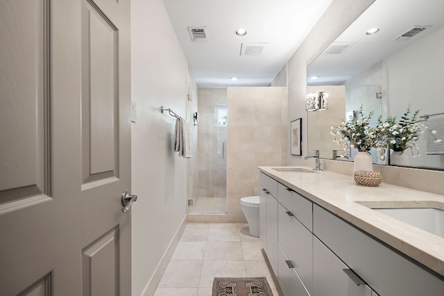 full bathroom with a shower stall, visible vents, a sink, and toilet
