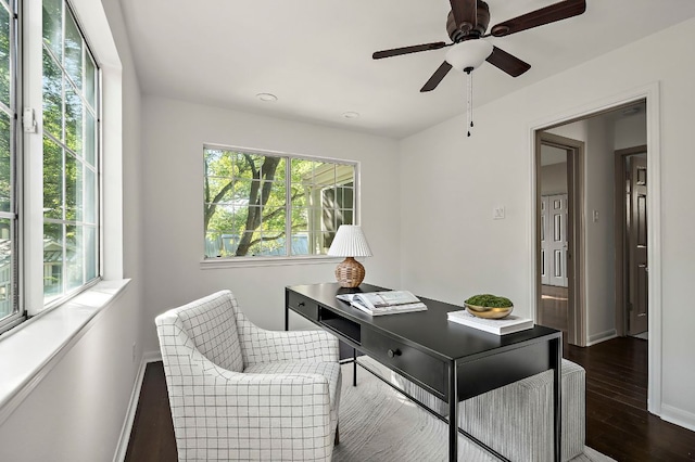 office area with baseboards, ceiling fan, and dark wood-style floors