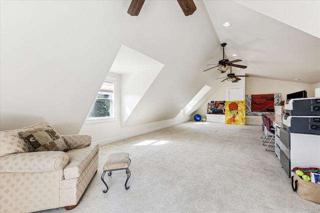 1008 W Monroe St W, Austin, TX 78704 - living area featuring ceiling fan, lofted ceiling, carpet flooring, recessed lighting, and baseboards