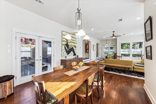 1008 W Monroe St W, Austin, TX 78704 - dining area with arched walkways, dark wood-type flooring, a ceiling fan, and recessed lighting