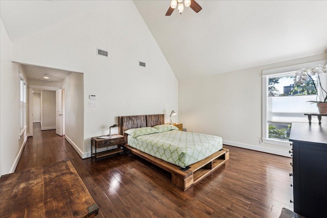 1008 W Monroe St W, Austin, TX 78704 - bedroom featuring wood finished floors, high vaulted ceiling, baseboards, and ceiling fan