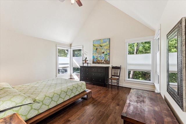 1008 W Monroe St W, Austin, TX 78704 - bedroom with high vaulted ceiling, wood finished floors, and a ceiling fan
