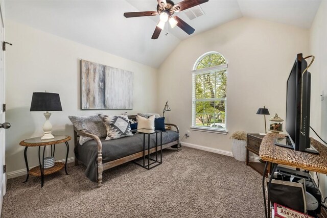 sitting room featuring carpet, a ceiling fan, visible vents, lofted ceiling, and baseboards