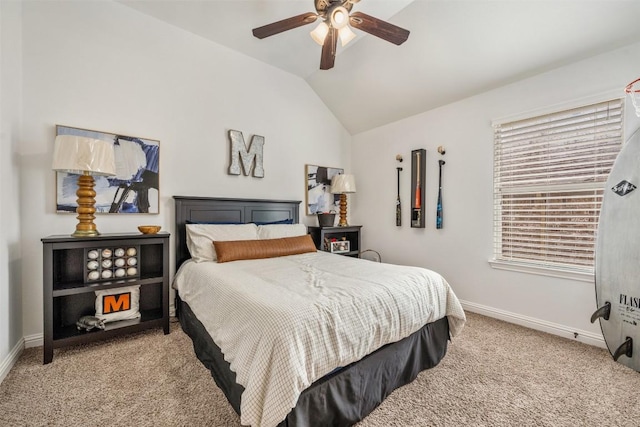 bedroom featuring baseboards, vaulted ceiling, ceiling fan, and light carpet