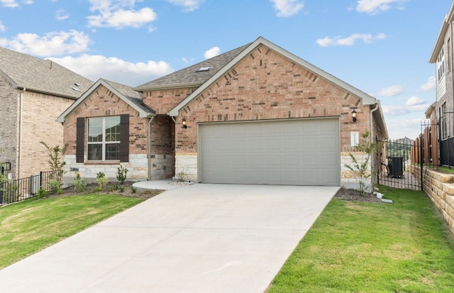 view of front of home with brick siding, driveway, a garage, cooling unit, and a shingled roof