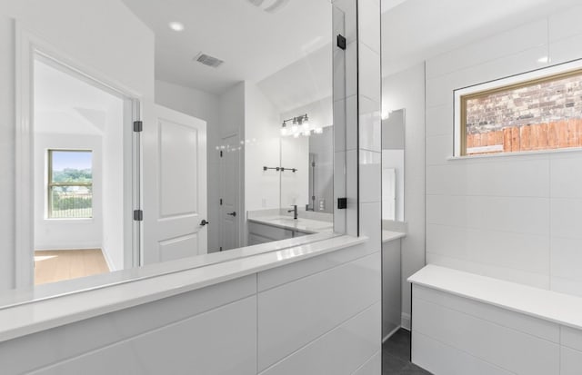 bathroom with vanity and a shower