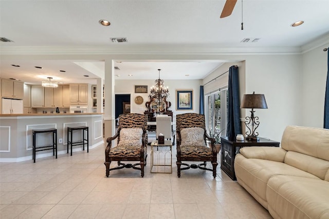 1101 Lakeway Dr Unit D, Lakeway, TX 78734 - living area featuring a chandelier, light tile patterned floors, a ceiling fan, crown molding, and recessed lighting