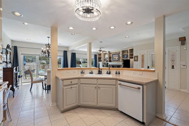 1101 Lakeway Dr Unit D, Lakeway, TX 78734 - kitchen with dishwasher, a chandelier, recessed lighting, light countertops, and light tile patterned flooring