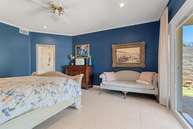 1101 Lakeway Dr Unit D, Lakeway, TX 78734 - bedroom featuring access to outside, ornamental molding, tile patterned flooring, recessed lighting, and ceiling fan