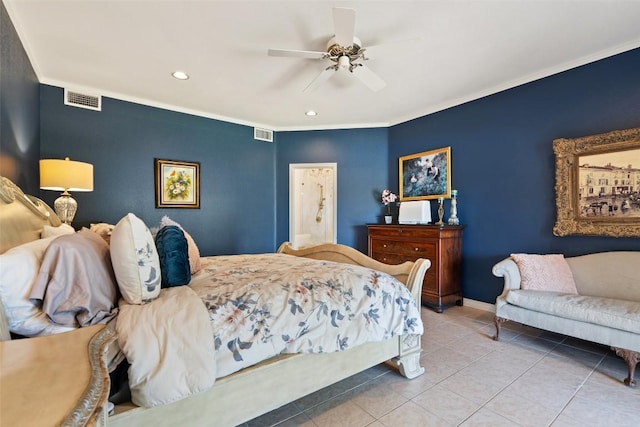 1101 Lakeway Dr Unit D, Lakeway, TX 78734 - tiled bedroom featuring recessed lighting, ornamental molding, and a ceiling fan