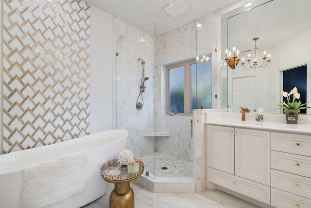 1101 Lakeway Dr Unit D, Lakeway, TX 78734 - full bath with a freestanding tub, a chandelier, a shower stall, and vanity