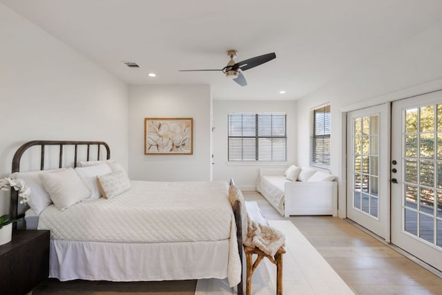 1018 Harwood Pl, Austin, TX 78704 - bedroom with access to outside, wood finished floors, french doors, recessed lighting, and a ceiling fan