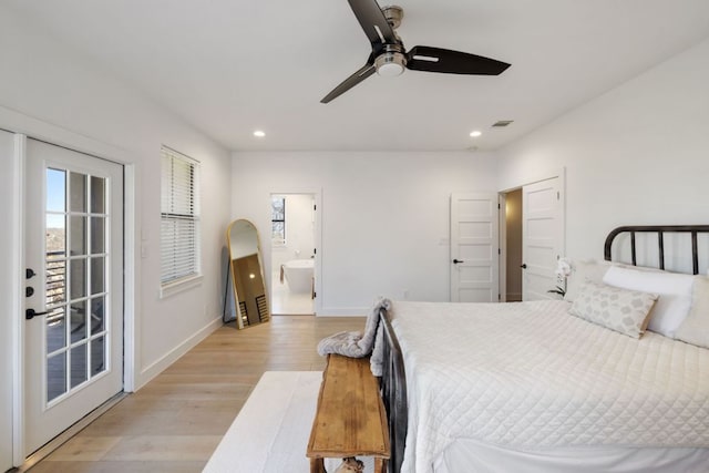 1018 Harwood Pl, Austin, TX 78704 - bedroom featuring access to exterior, light wood-type flooring, recessed lighting, ensuite bathroom, and ceiling fan