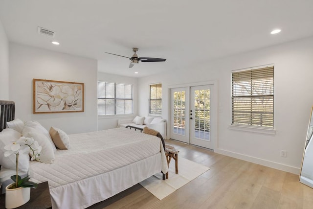 1018 Harwood Pl, Austin, TX 78704 - bedroom featuring access to outside, french doors, light wood-style flooring, recessed lighting, and ceiling fan