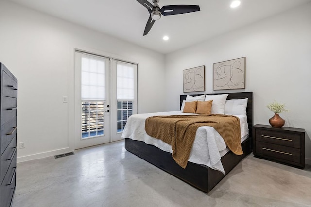 1018 Harwood Pl, Austin, TX 78704 - bedroom featuring access to exterior, recessed lighting, a ceiling fan, and concrete flooring