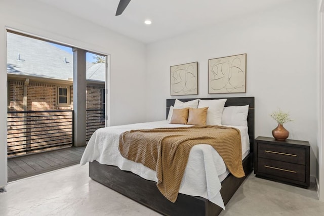 bedroom with access to outside, recessed lighting, and a ceiling fan
