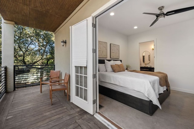 bedroom with baseboards, recessed lighting, wooden ceiling, and a ceiling fan
