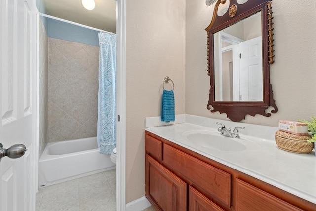 full bathroom with shower / bath combo, tile patterned flooring, vanity, and toilet
