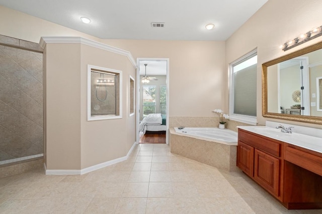 bathroom with visible vents, a bath, ensuite bath, vanity, and tile patterned flooring