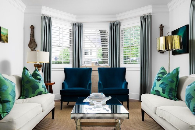 living area with ornamental molding and carpet floors