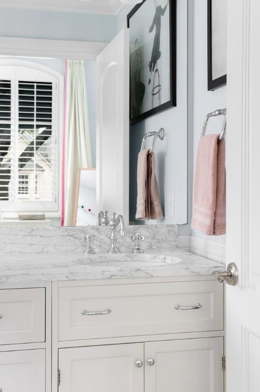 bathroom with a sink, double vanity, and crown molding