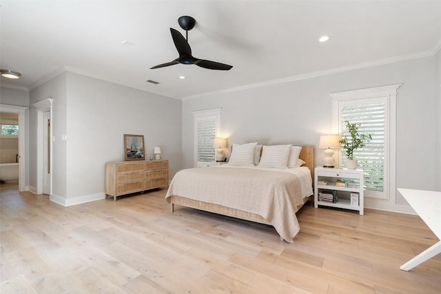 2601 Buckminister Ct, Austin, TX 78746 - bedroom featuring ornamental molding, light wood-style flooring, baseboards, recessed lighting, and a ceiling fan