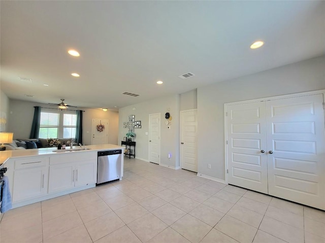 1765 Yaupon Grove Ln, Leander, TX 78641 - kitchen featuring stainless steel dishwasher, open floor plan, recessed lighting, white cabinetry, and a ceiling fan