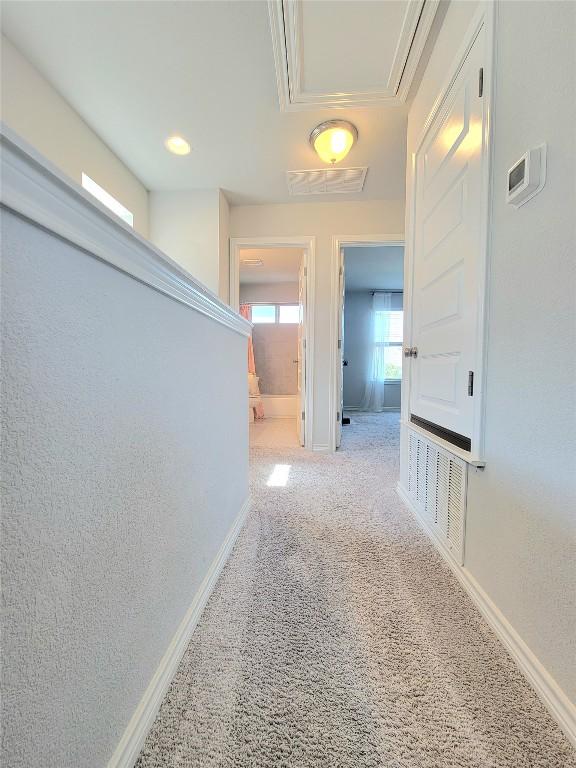 1765 Yaupon Grove Ln, Leander, TX 78641 - hall featuring attic access and carpet