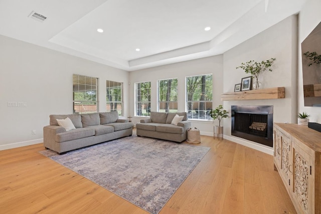 113 Oak Plaza Dr, Georgetown, TX 78628 - living room with a raised ceiling, light wood finished floors, a fireplace, and visible vents