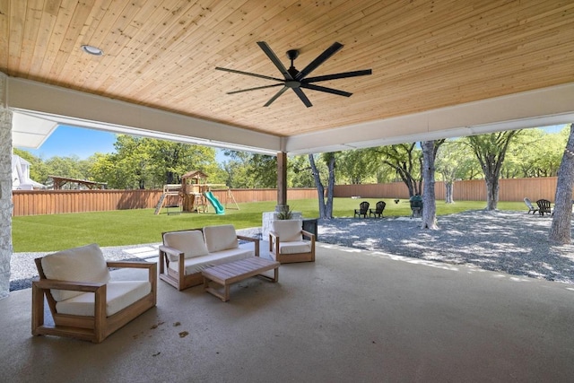 113 Oak Plaza Dr, Georgetown, TX 78628 - view of patio with a fenced backyard, a playground, a ceiling fan, and an outdoor hangout area