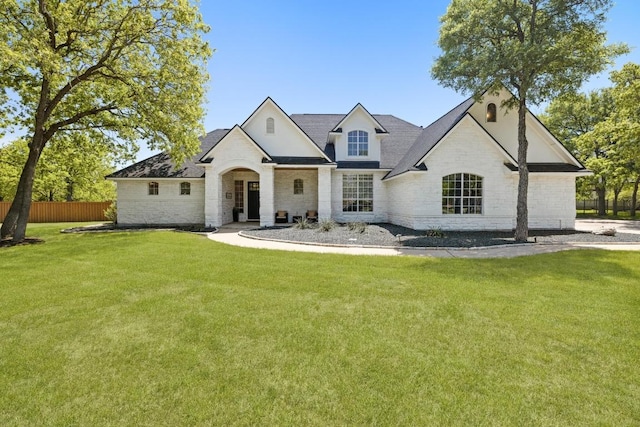113 Oak Plaza Dr, Georgetown, TX 78628 - french provincial home featuring a front yard, fence, and stone siding