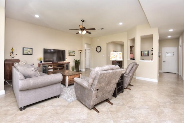 1904 Cactus Mound Dr, Leander, TX 78641 - living room featuring ceiling fan, arched walkways, and recessed lighting