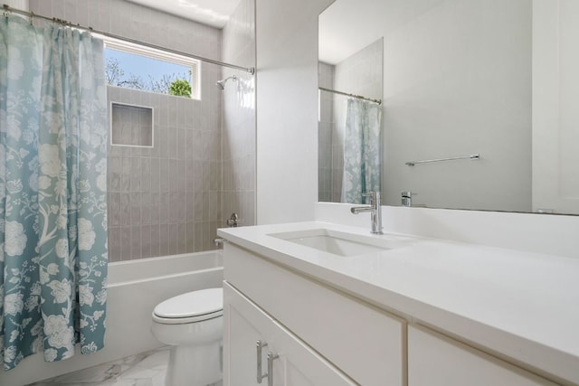 full bath with marble look tile flooring, shower / bath combo, vanity, and toilet