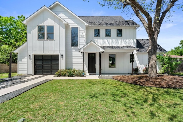 modern inspired farmhouse featuring board and batten siding, asphalt driveway, an attached garage, and roof with shingles