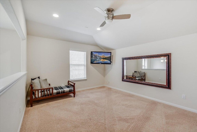 unfurnished bedroom with baseboards, recessed lighting, a ceiling fan, carpet floors, and lofted ceiling