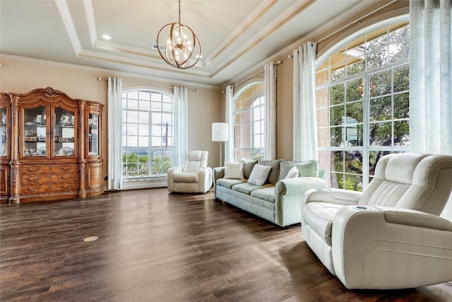 21735 Sierra Trl, Lago Vista, TX 78645 - living area featuring a chandelier, dark wood-type flooring, crown molding, and a tray ceiling