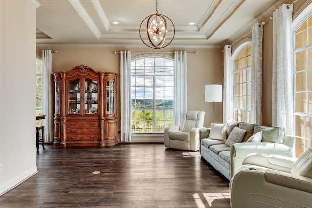 21735 Sierra Trl, Lago Vista, TX 78645 - sitting room with a raised ceiling, plenty of natural light, a chandelier, dark wood-type flooring, and ornamental molding