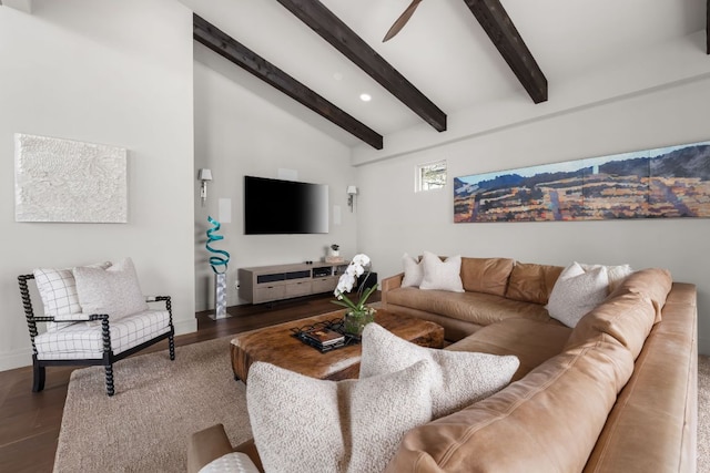 living room featuring lofted ceiling with beams, a ceiling fan, wood finished floors, and recessed lighting