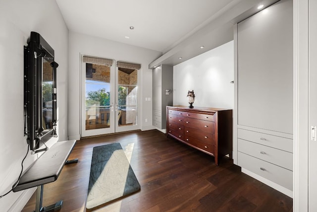 doorway with dark wood finished floors, baseboards, french doors, and recessed lighting