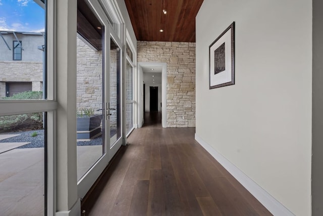 hall featuring wood ceiling, baseboards, recessed lighting, and dark wood-style flooring